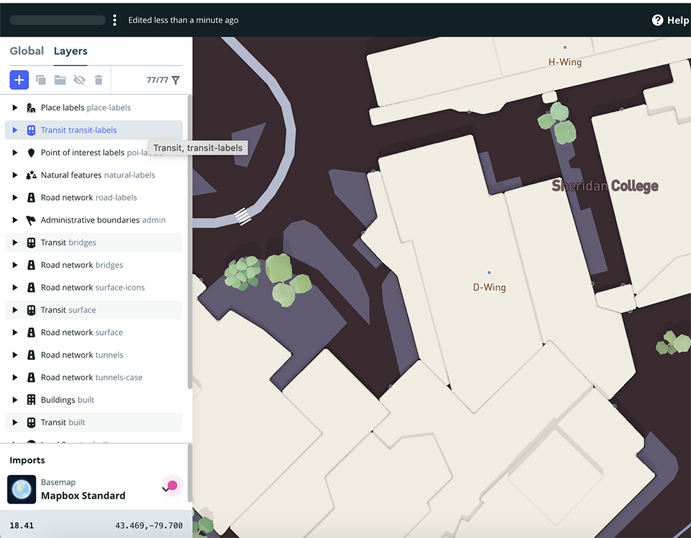 <b>Map of Sheridan College with Plant Icons Using Mapbox</b><br>I created this map using Mapbox, focusing on the layout of Sheridan College. I added plant icons to represent the greenery around the campus, giving the map a more detailed and visually informative design. The icons highlight the natural elements in and around the buildings.